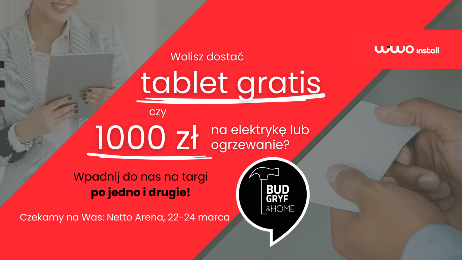 Baner promocyjny Wiwoinstall z ofertą tablet gratis albo 1000 zł na elektrykę lub ogrzewanie, z logo firmy i grafiką smart home