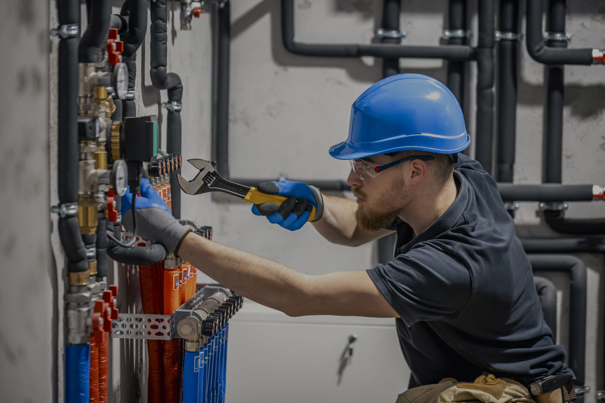 Technik w niebieskim kasku sprawdza instalację grzewczą w kotłowni przy użyciu klucza nastawnego.